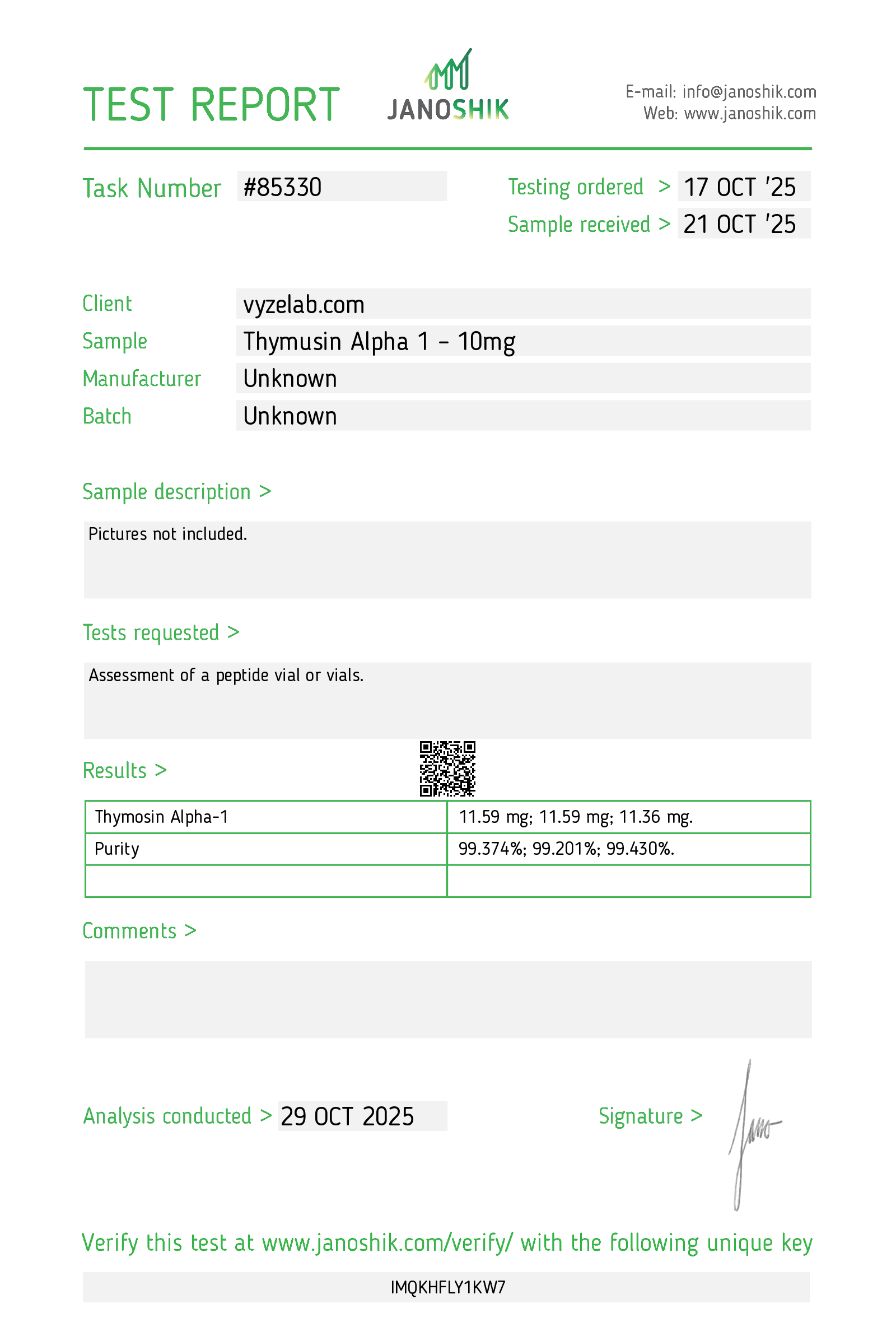 COA for Thymosin-Alpha-1